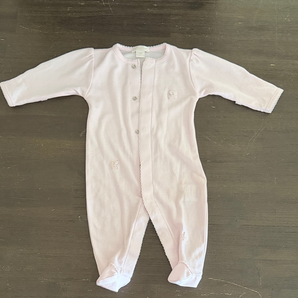 Kissy Kissy light pink, button up, embroidered newborn onsie.